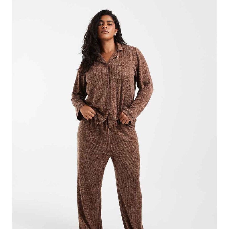 Loungeable Curve super soft brushed rib revere top and wide leg