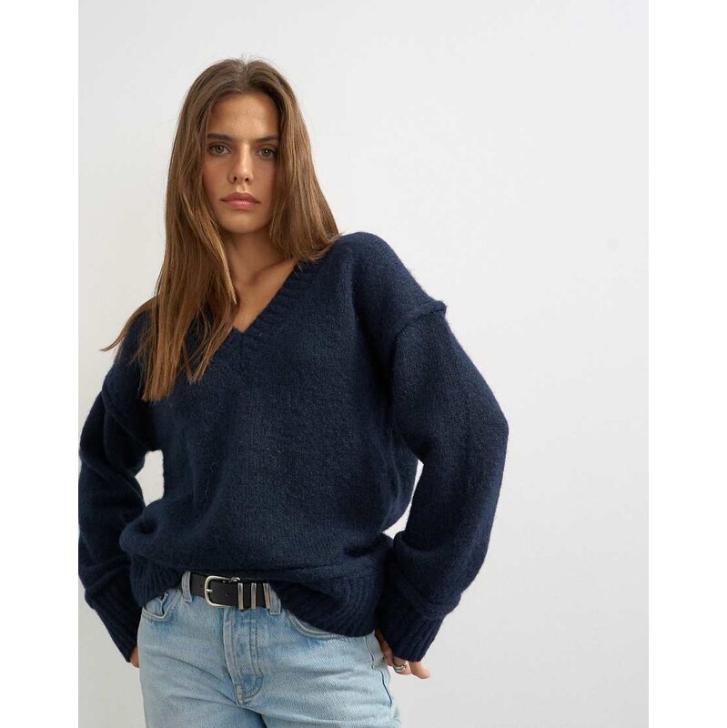 Topshop knitted v neck slouchy roll seam detail jumper with wool