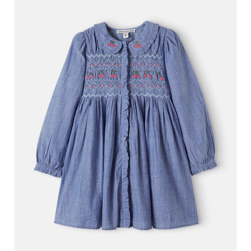 Emile et Ida Embroidered smocked cotton chambray dress