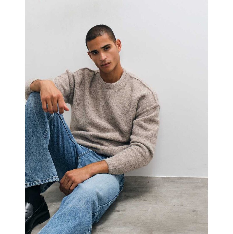 ASOS DESIGN relaxed knitted exposed crew neck jumper in taupe