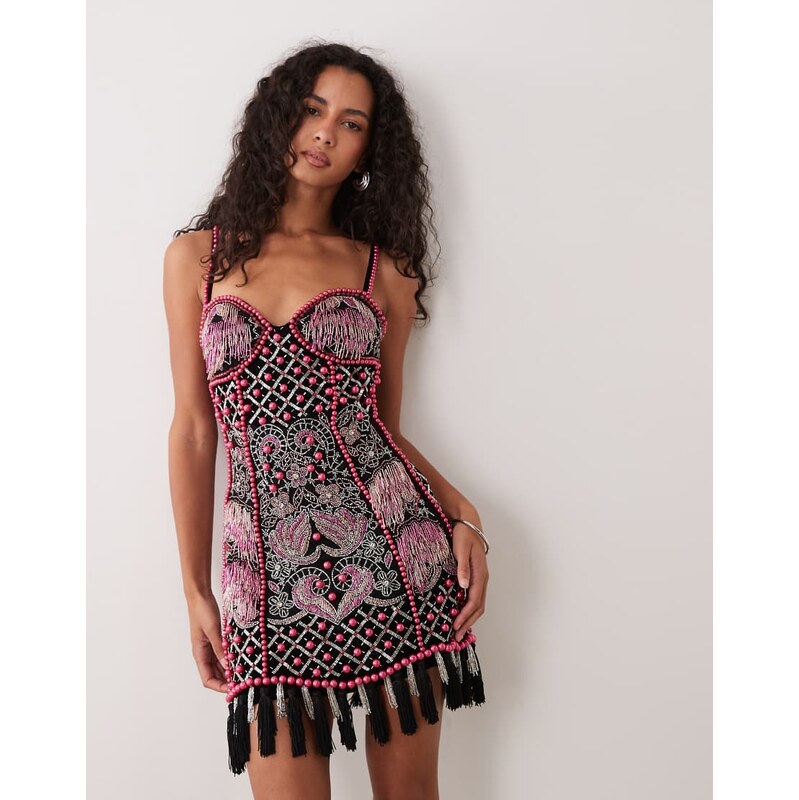 ASOS LUXE fringe embellished cami mini dress in black and pink