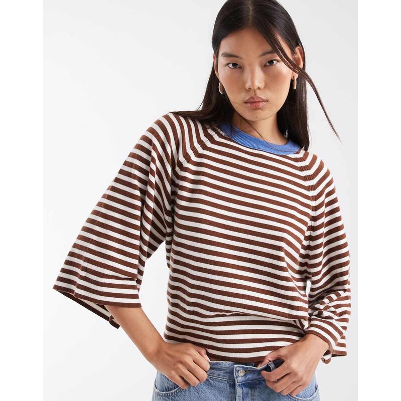 ASOS DESIGN knitted contrast jumper in ecru and brown striped