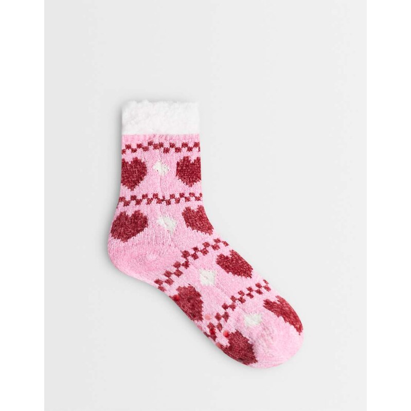 Loungeable cosy chenille slippers socks in pink heart print