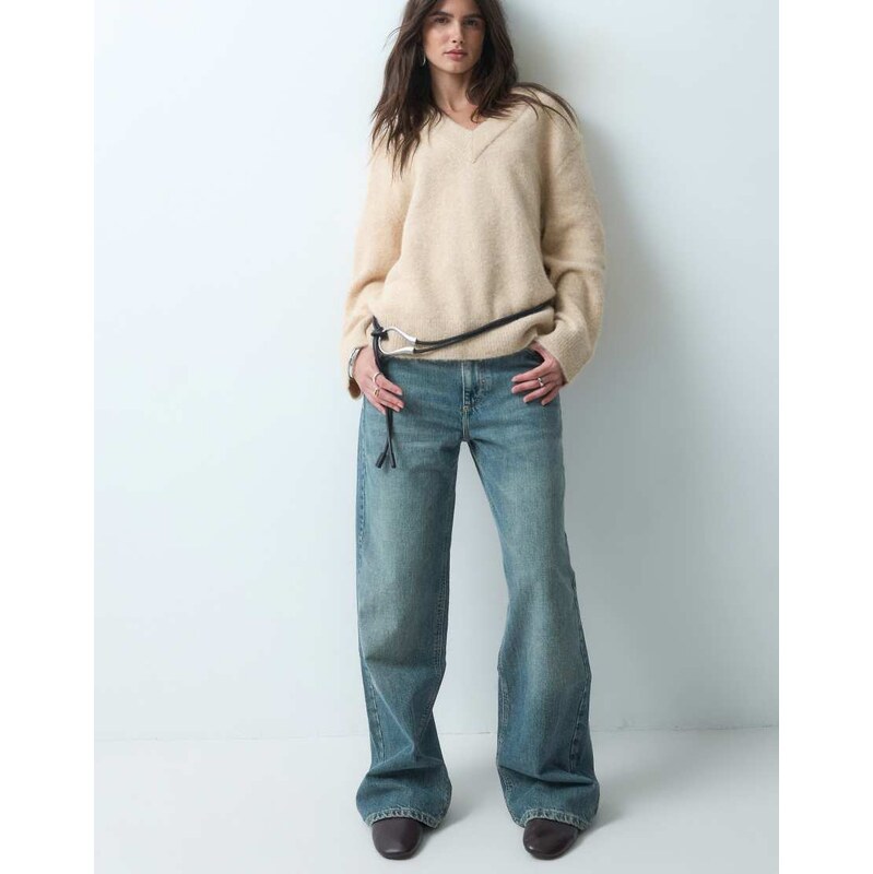 ASOS DESIGN v neck relaxed jumper in oatmeal-White
