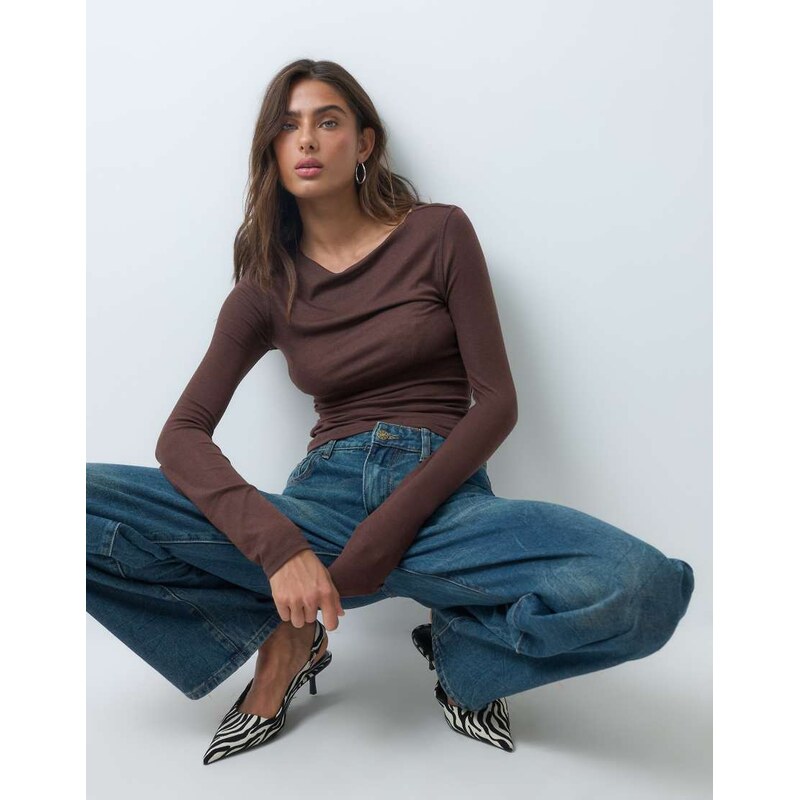 ASOS DESIGN lyocell blend boat neck long sleeve top in choc