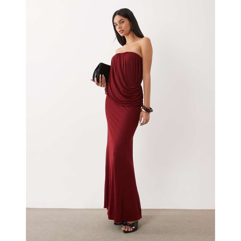 ASOS DESIGN mesh drape bandeau maxi dress in wine-Red
