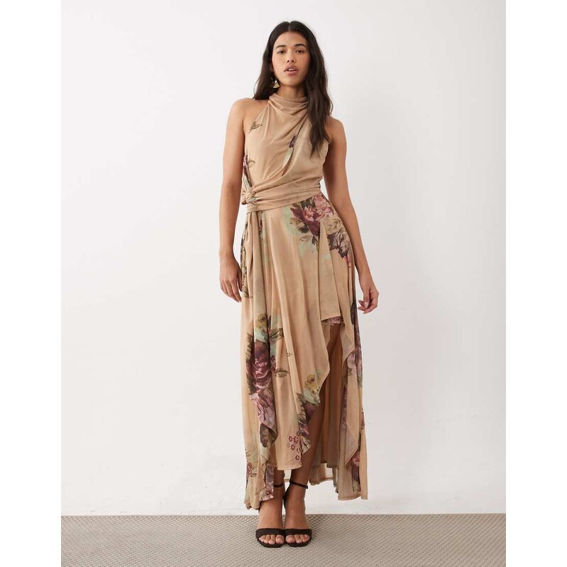 ASOS DESIGN stretch chiffon high low draped cowl halter maxi