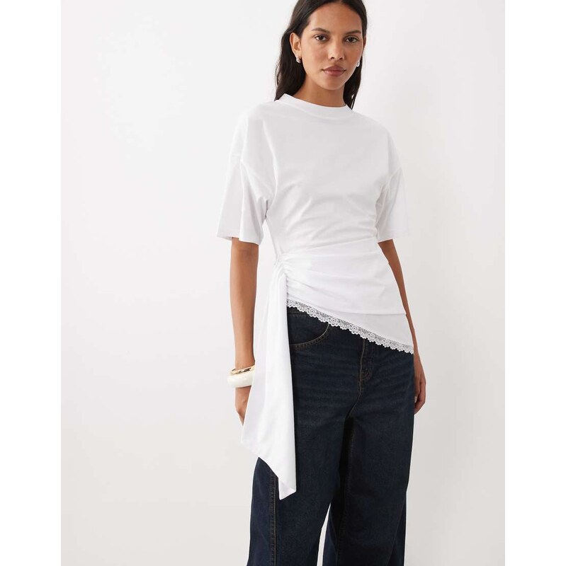 ASOS DESIGN asymmetric top with waist wrap-White