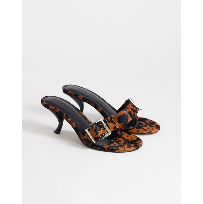 Topshop Nadine real hair on leather mid heeled mule with buckle