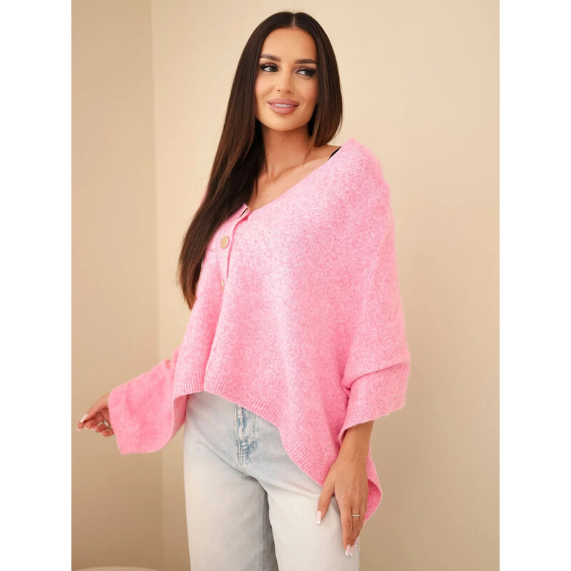 K-Fashion Dámský svetr pončo z baby alpaky s knoflíky růžový
