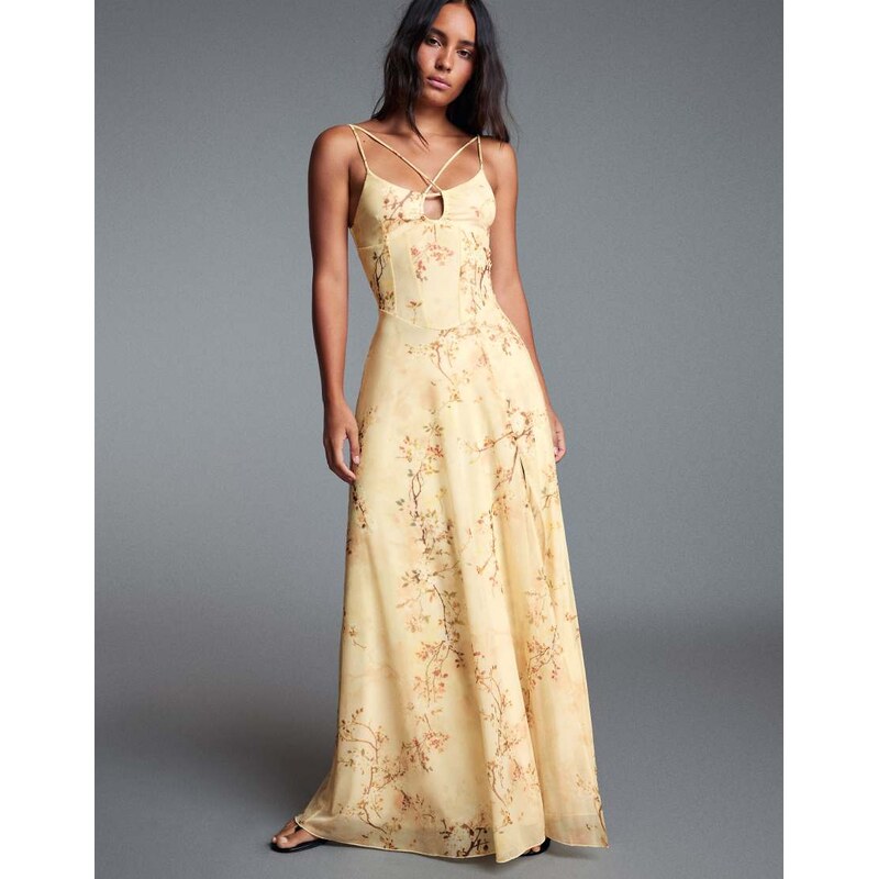 Bershka Strappy floral maxi dress in yellow