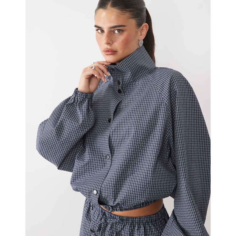 Missyempire nylon high neck bubble hem jacket co-ord in blue