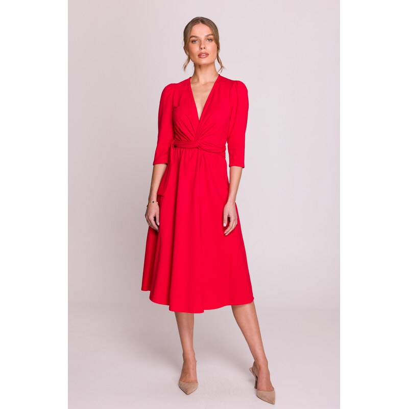 Stylove Womans Fit and flare knit dress with a tie belt - red