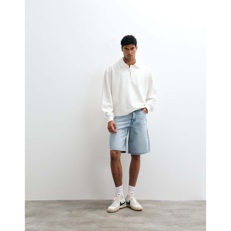 ASOS DESIGN oversized boxy polo with quarter zip in beige-White