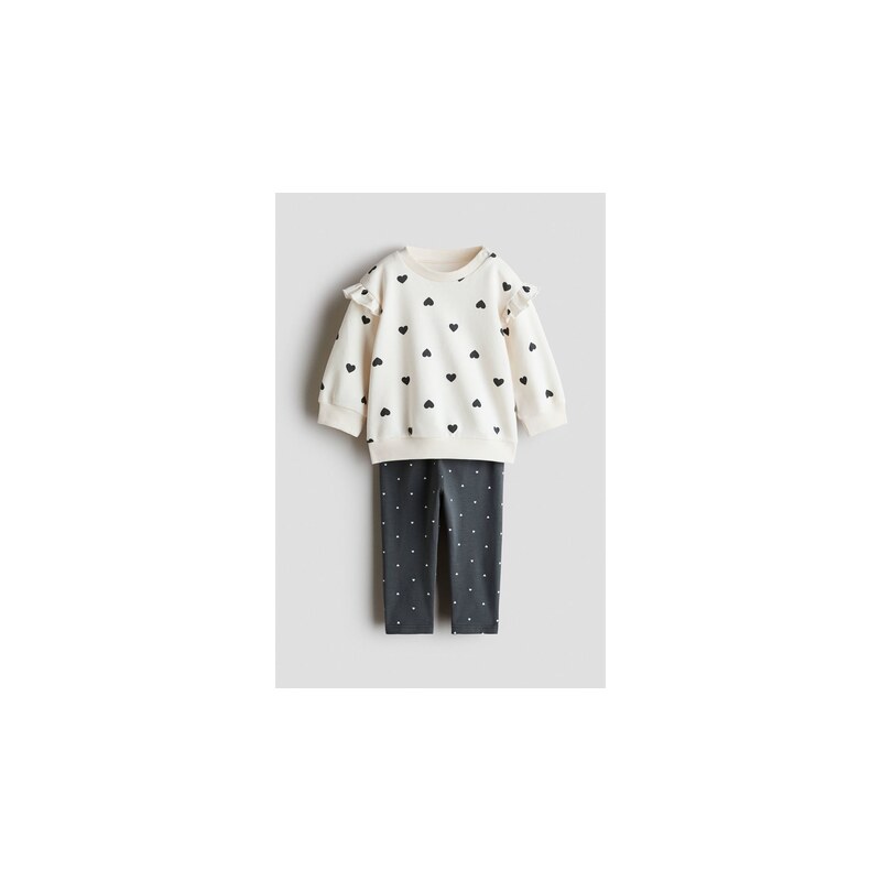 H&M - Dvoudílná bavlněná soupravas volánky - Tmavě Šedá/Srdíčka