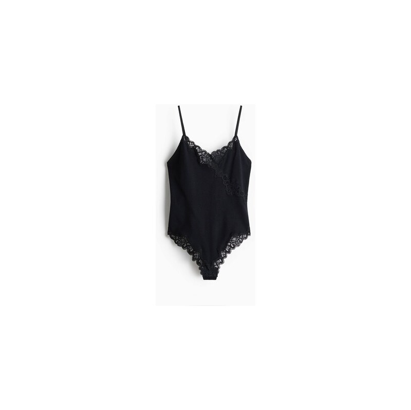 H&M - Bavlněné bodys krajkovými lemy - Černá