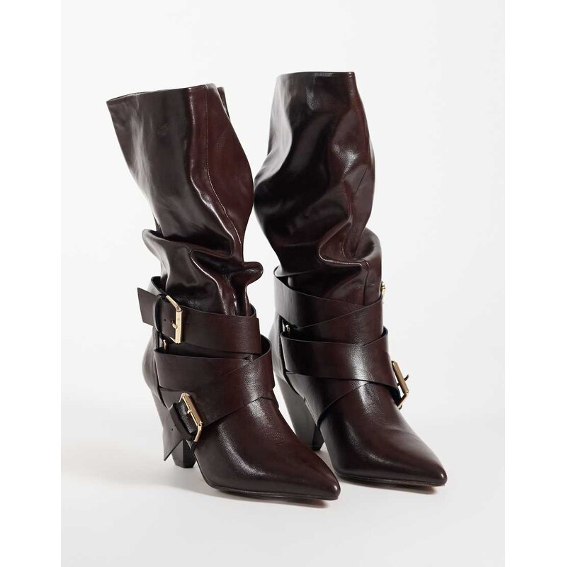 ASOS DESIGN Cade buckle detail heeled slouch boots in chocolate
