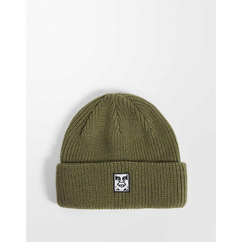 Obey icon patch cuff rib knitted beanie in dark green