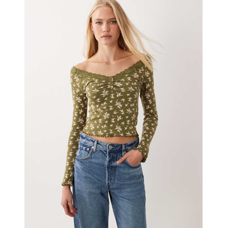 Miss Selfridge lace trim button pointelle top in olive print