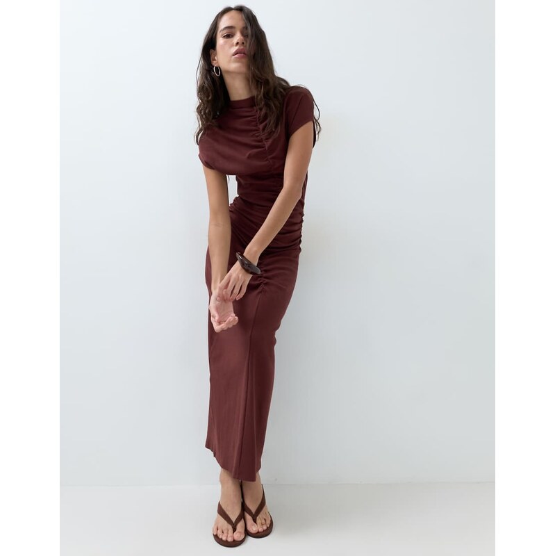 ASOS DESIGN ruched front midi dress-Brown
