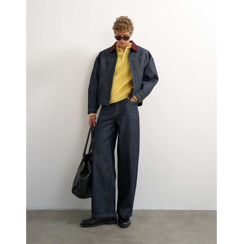 Topman oversized fit quilted denim jacket with cord collar in