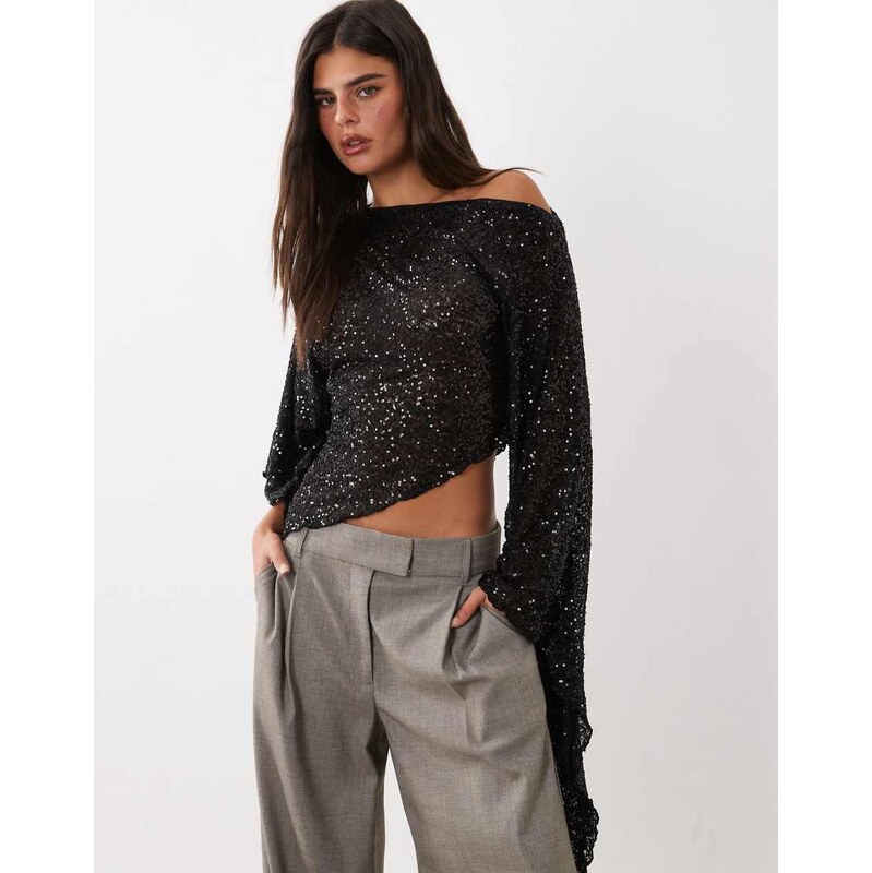ASOS DESIGN sequin asymmetrical draped sleeve top in black