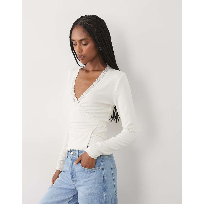 Miss Selfridge lace trim wrap top in cream-White