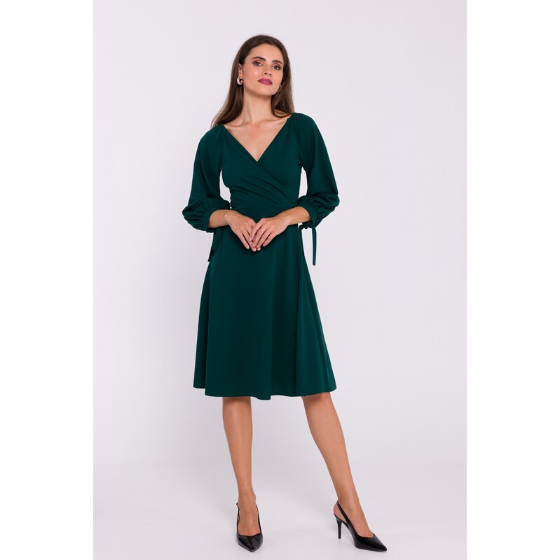 Stylove Womans Flared dress with puff sleeves - green