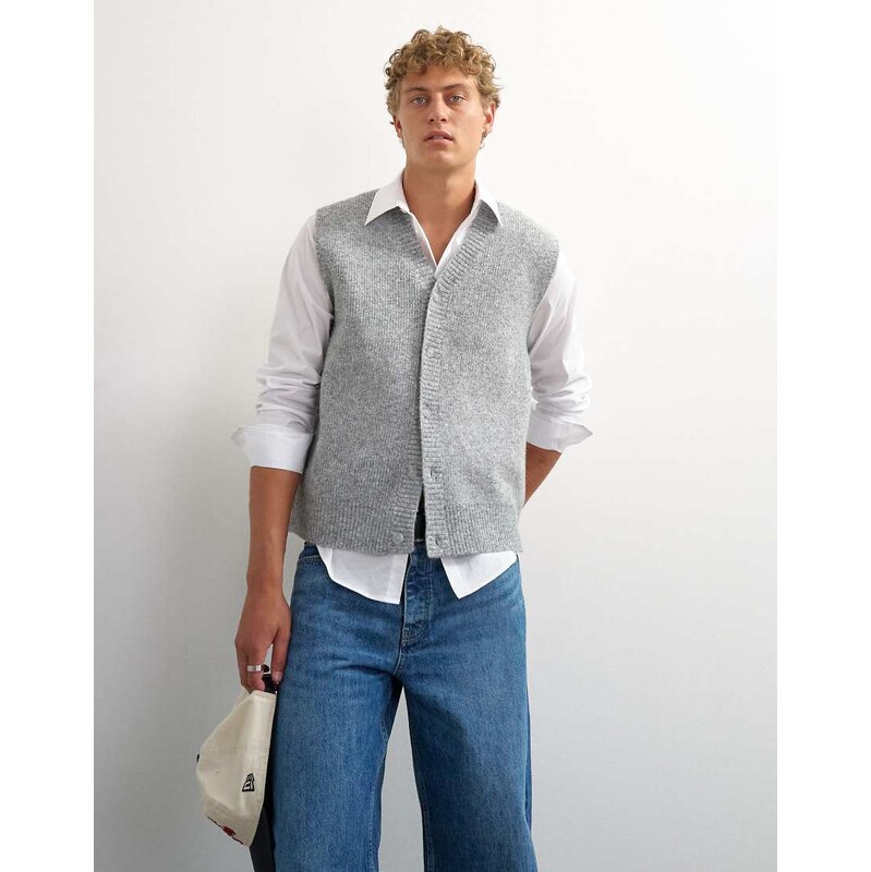 Topman classic fit button through knit tank in grey