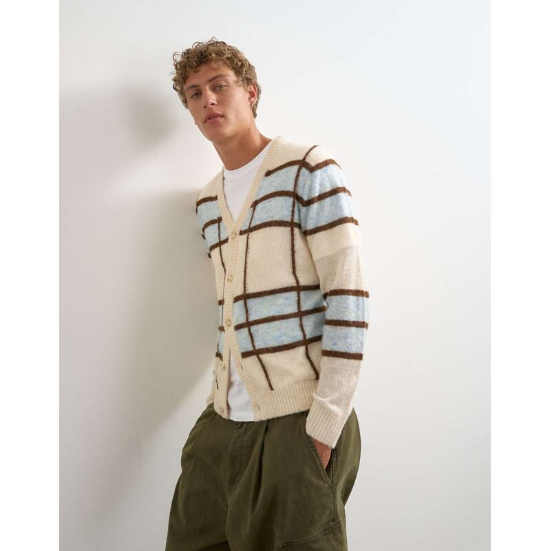 Topman classic fit sheer knit cardigan with check in ecru-White