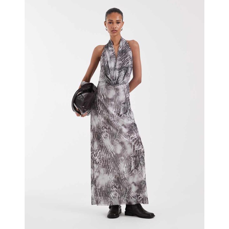 Bronze Snake Josie cowl neck backless maxi dress in grey blurred