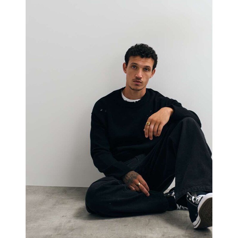 AllSaints Wolf merino wool distressed knit jumper in black
