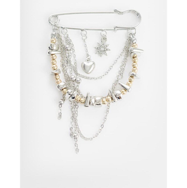DesignB London mixed metal multi charm brooch in silver and gold
