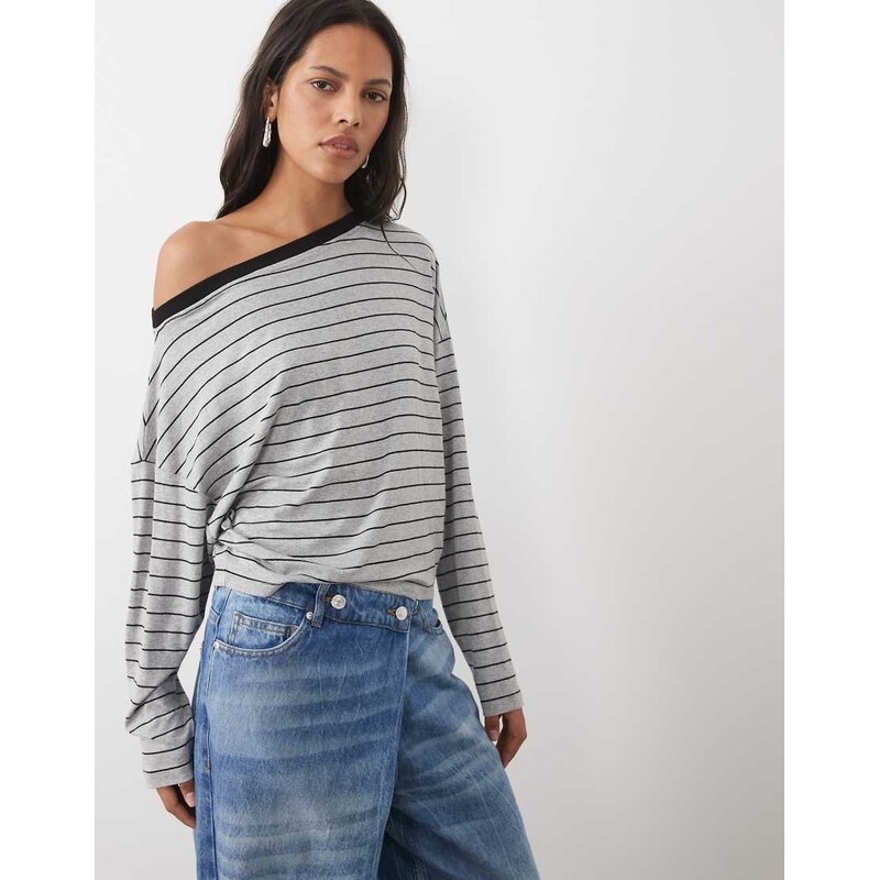 ASOS DESIGN off- shoulder t-shirt in grey and black stripes