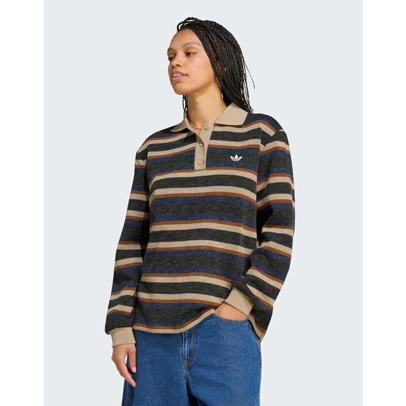 adidas Originals Stripe knitted polo top in black