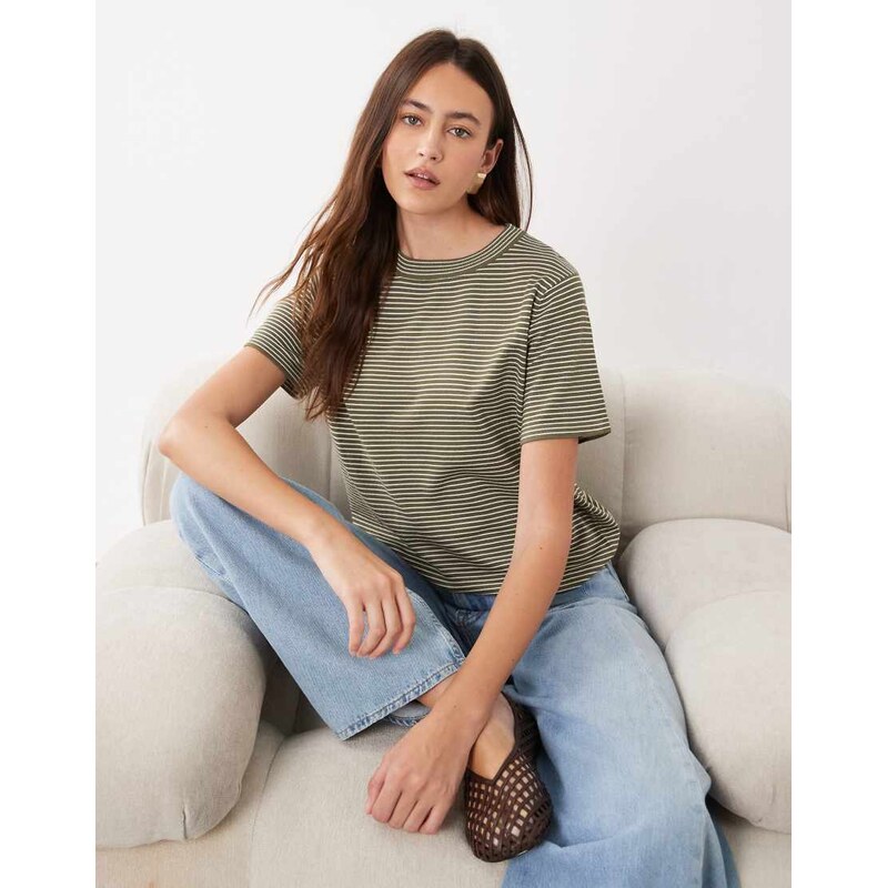 Mango knitted t-shirt in khaki stripe-Green
