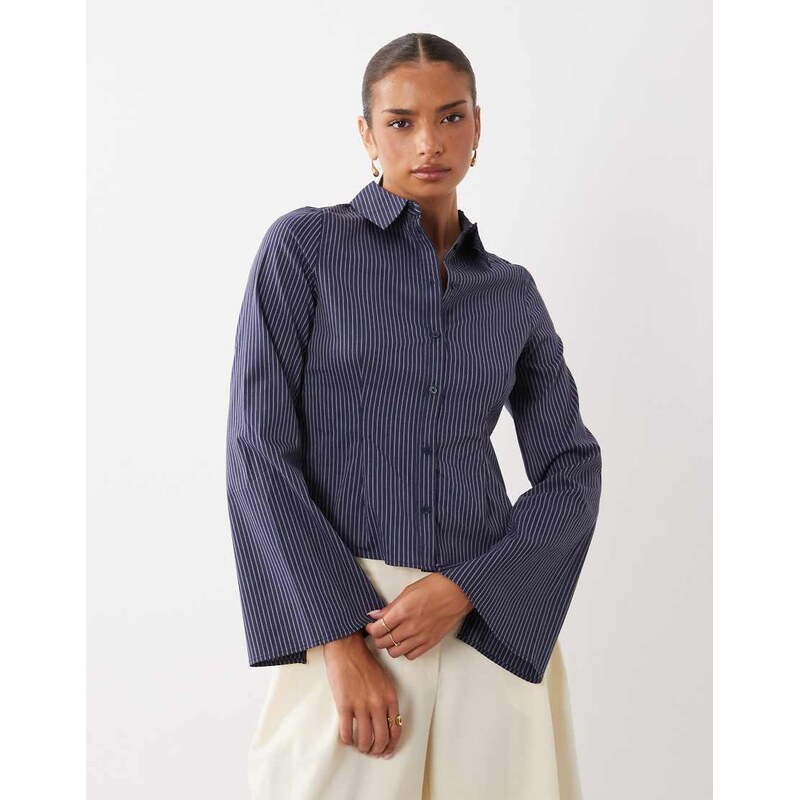 Gina Tricot cinched waist shirt in navy pinstripe