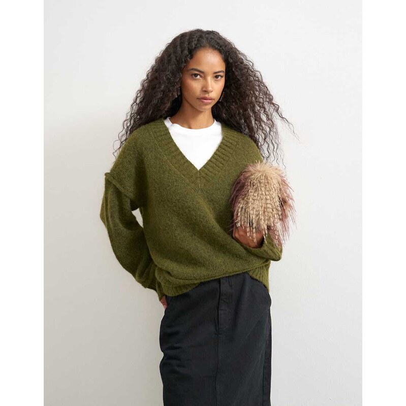 Topshop knitted deep v neck jumper with wool in moss-Orange