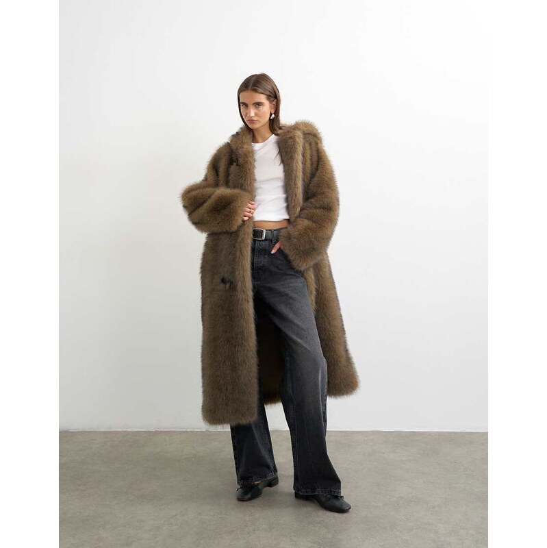 Topshop faux fur longline toggle coat in brown