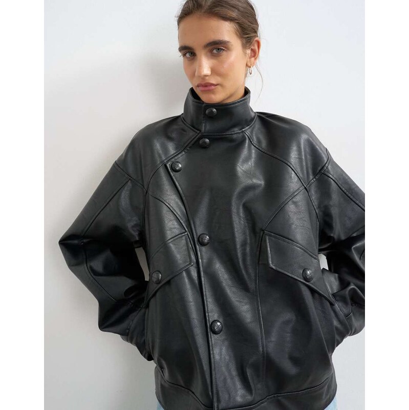 Topshop faux leather funnel button through jacket in black