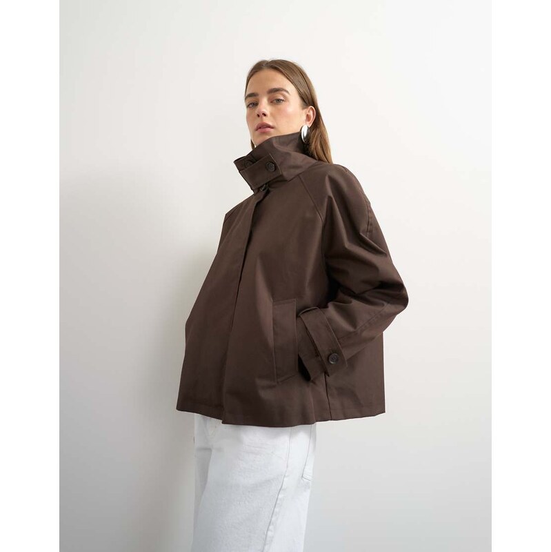Topshop funnel neck cropped trench coat in chocolate-Brown