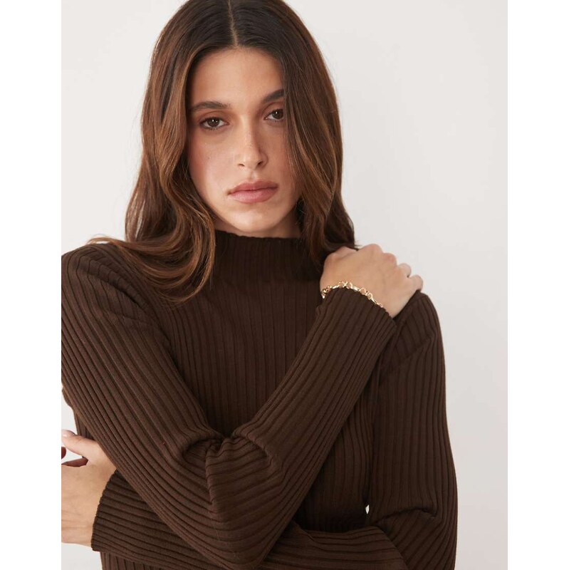 Threadbare high neck long sleeve knitted top in brown