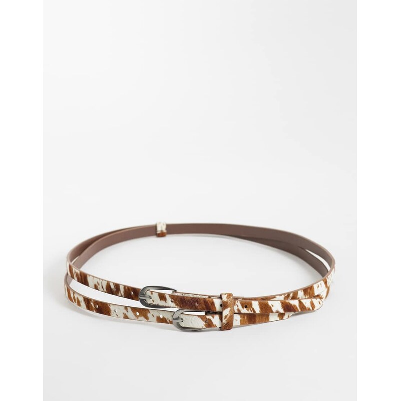 ASOS DESIGN cowhide hair cowprint double strap skinny belt in