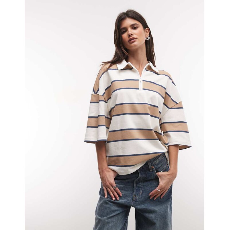 Nike boxy striped polo top in beige and brown-Neutral