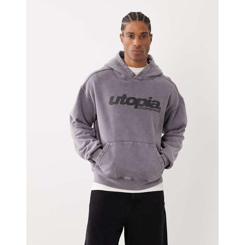 Cotton On box fit graphic hoodie in slate stone-Grey