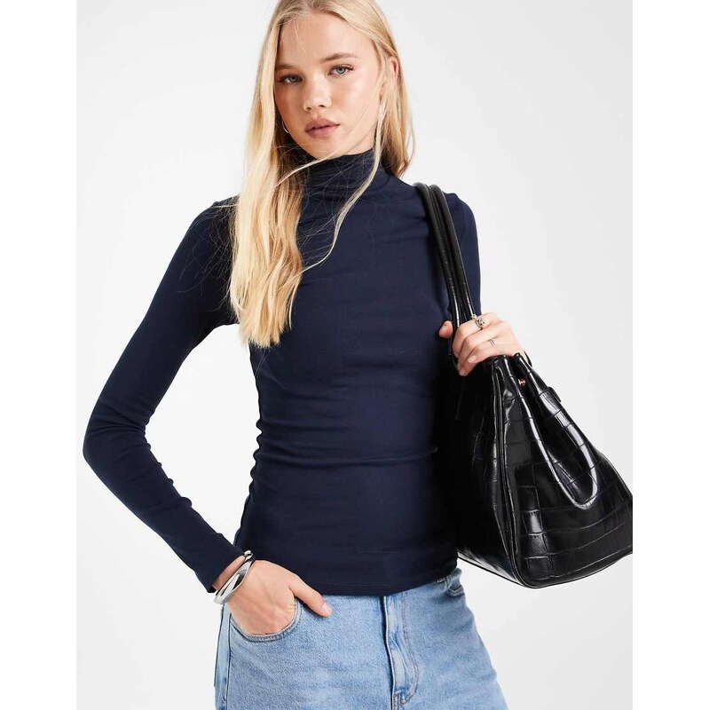 ASOS DESIGN funnel neck long sleeve top in navy