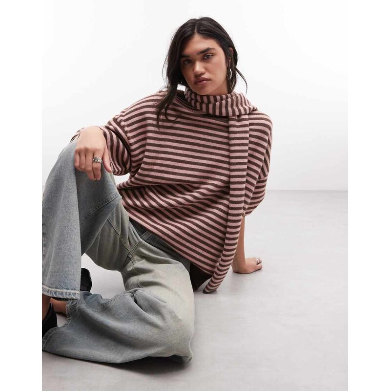 Daisy Street oversized stripy knit jumper with collar in brown