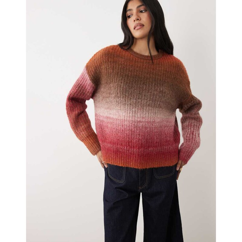 Cotton On Luxe crew neck sweater in warm clay oak stripe-Brown
