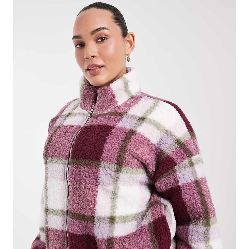 Noisy May Curve zip through fleece in burgundy and cream check