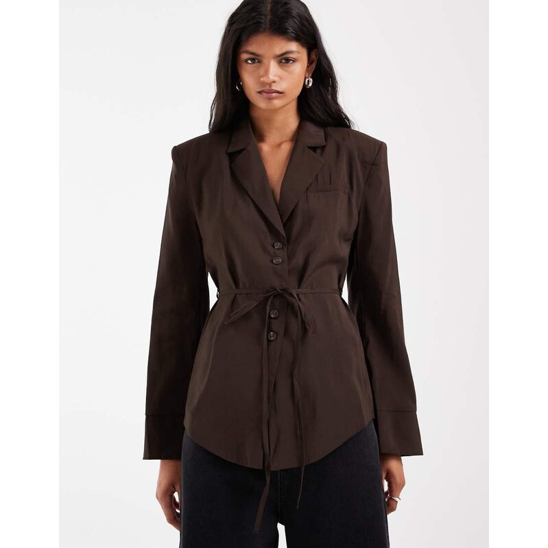 ASOS DESIGN shoulder pad tie waist soft blazer in chocolate